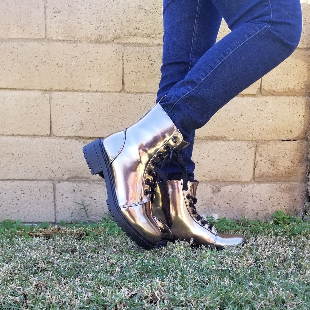 Combat Metallic Lace Up Boots -